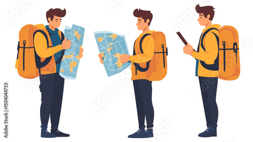 Three Quarter View of Man with Orange Backpack Holding a Blue Topographic Map in Isolated White Background