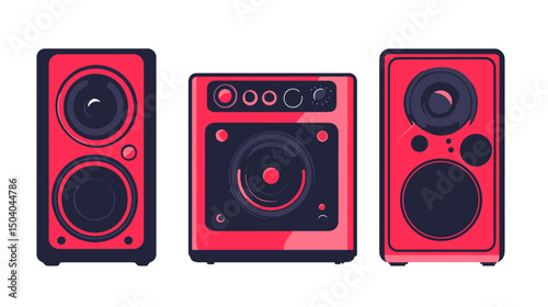 Three Red and Black Pixelated Speakers Isolated on White Background Showing Audio Equipment