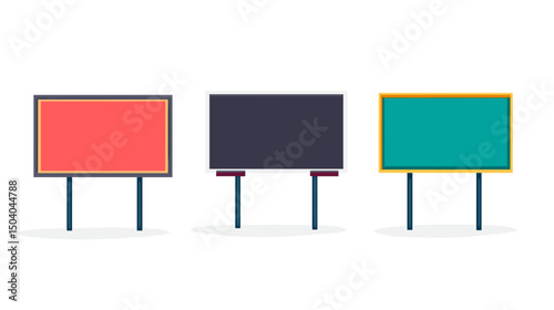 Three Rectangular Advertising Billboards in Red Black and Green with Isolated White Background for Marketing and Promotional Campaigns