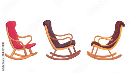 Three Rocking Chairs Featuring Classic Design with Wood Frames and Various Upholstery on A White Background