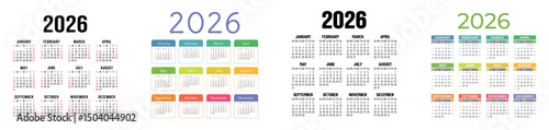 English calendar 2026 year collection. Square vector pocket or wall calender design template set. Week starts on Sunday