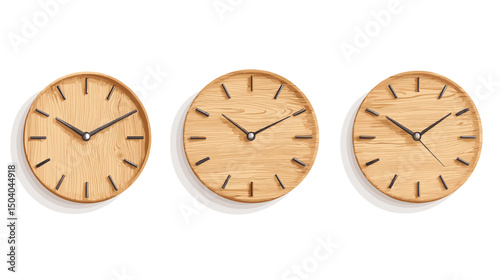 Three Round Wooden Wall Clocks Displaying Different Times on White Background
