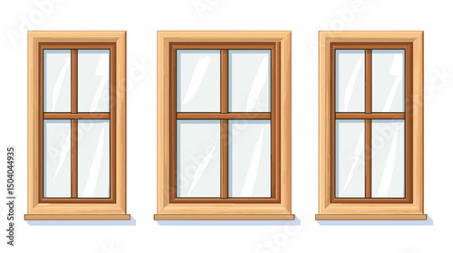 Three Rustic Wooden Framed Windows with Clear Glass Panes and White Background