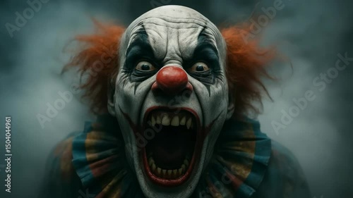 Clown charges screaming, wide mouth, bared teeth, horror fog closeup, terrifying jump moment
