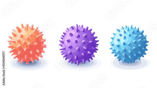 Three Spiked Sensory Balls Orange Purple and Blue in Isometric Pixel Art on White Background