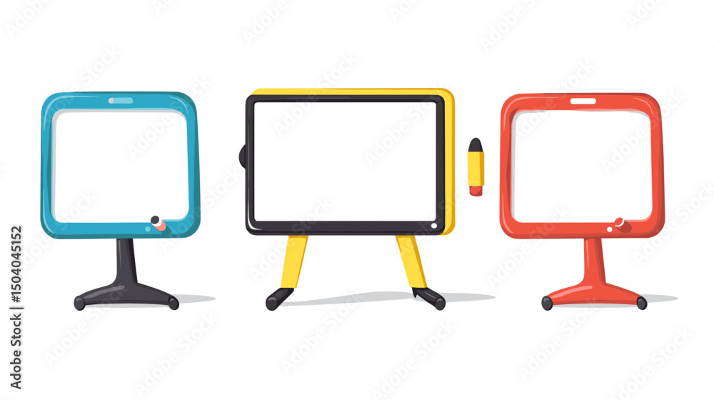 Three Whiteboards in Blue Yellow and Red Colors with Markers For Presentation Stand on Tripods in a Clean White Background Three Whiteboards in Blue Yellow and Red Colors with Markers For Presentation Stand on Tripods in a Clean White Background