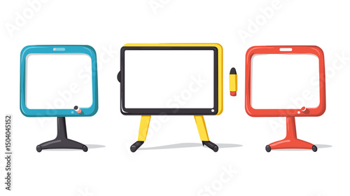 Three Whiteboards in Blue Yellow and Red Colors with Markers For Presentation Stand on Tripods in a Clean White Background