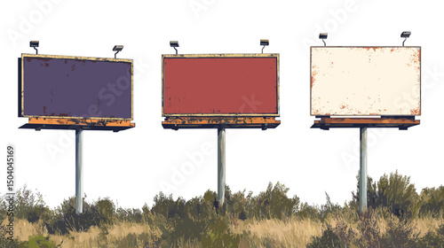 Three Weathered Billboards with Purple Red and White Panels Standing Tall Amidst a Grassy Field under a Bright Sky Depicting Rustic Outdoor Advertisements
