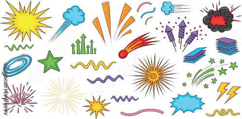  Cartoon comic element speed effect doodle line set. Comic boom motion, explosive energy, line speed cartoon vector graphic icon. Hand drawn cute sketch doodle effect.