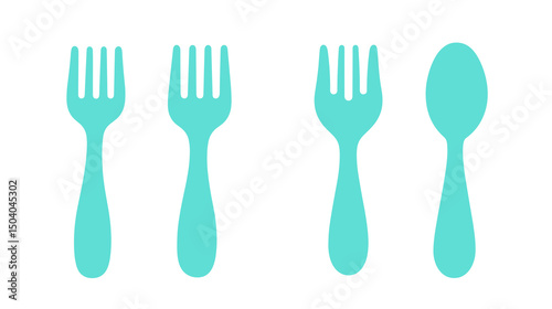 Turquoise Forks and Spoon on White Background Representing Silverware Cutlery Utensils for Dining Eating and Culinary Themes