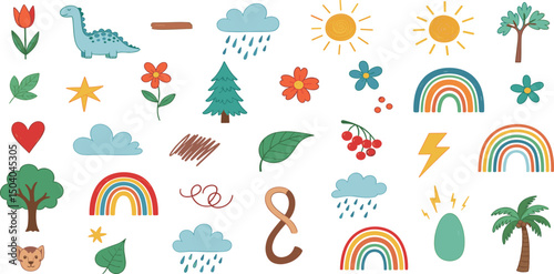 Cute kid flower, cloud, summer illustration. Hand drawn doodle sketch children cute vector school chalk background. Kids doodle crayon style line flower, cloud doodle pattern.