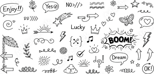 Cute line sketch star, arrow, cloud decoration element icon set. Hand drawn sketch doodle cute star, heart, flower element. Line text decoration scribble shape icon