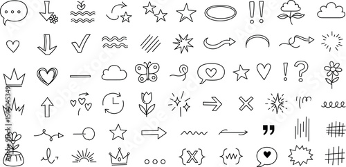 Cute line sketch star, arrow, heart decoration element icon set. Hand drawn sketch doodle cute star, emphasis, flower element. Pen line text decoration shape icon..