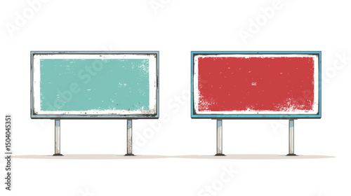 Two Blank Grunge Textured Billboard Signs in Turquoise and Red with Rustic Metal Frames on White Background