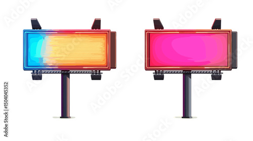 Two Colorful Advertisement Billboards Mockup with Blue Yellow and Pink Gradient on a White Background for Outdoor Advertising