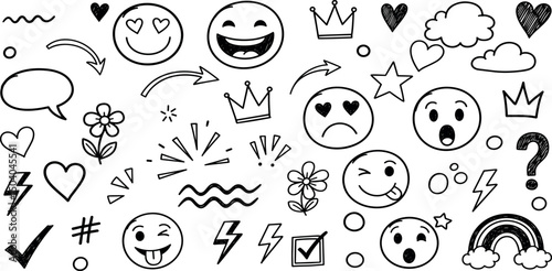 Smile brush hand drawn vector element set. Emoji fun face, heart, crown symbol crayon texture marker background kid sketch style hand drawn element.