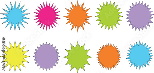 Star round sticker tag icon shape set. Circle starburst label shape for promo, sale, price offer badge sticker. Round tag shape vector icon. Sale, promo label graphic design