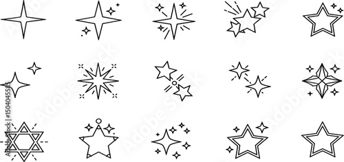 Twinkle star vector glitter bright magic light icon. Star twinkle glitter spark outline shine icon set. Hand drawn sketch doodle style.