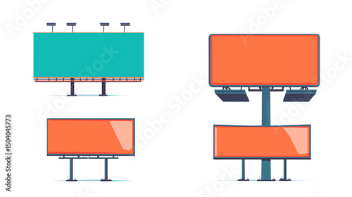 Vector Illustration of Colorful Billboards Set Advertising Structures for Roadside Promotional Purposes and Isolated Presentation on White Background