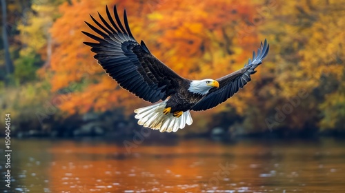 Majestic bald eagle taking flight with fully spread wings over a scenic natural landscape, symbolizing freedom, strength, and the wild spirit in a dramatic wildlife action scene



540/540


