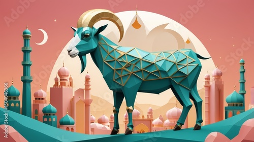 Eid al-Adha: Bakra Eid Painting with Festive Decorations, cow, lamb, cattle, camel, sheep.