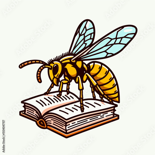 Wasp with book: A detailed illustration of a wasp perched atop an open book, with a close-up view. it perfectly embodies knowledge and curiosity.
