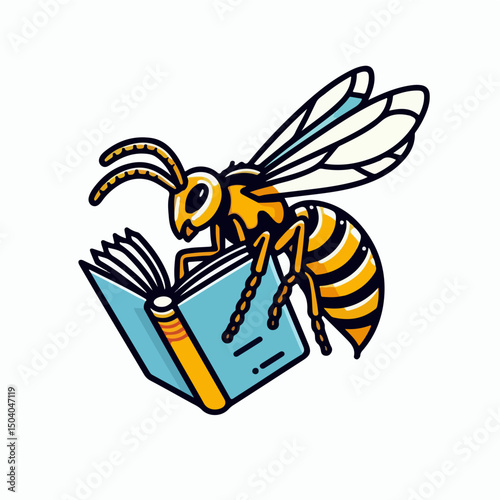 Knowledgeable Wasp with a Book: A stylized illustration captures a bee engrossed in reading, perfect for adding a touch of personality and insight to your educational or literary projects.
