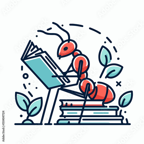 Smart Ant Reading Book: The cute vector art features an ant absorbed in reading a book, perched atop a stack of books, promoting education and knowledge