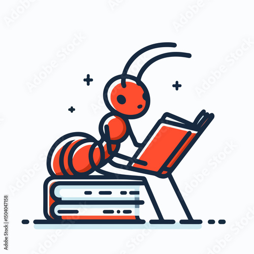 Ant Reader: A diligent ant engrossed in a book, perched atop a stack of books.