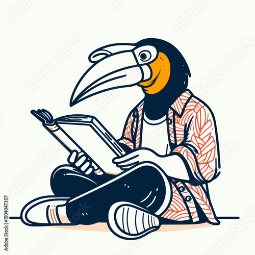 Smart Toucan and Book: A toucan, engaged in reading a book, embodies the spirit of intellectual curiosity and the pursuit of knowledge.