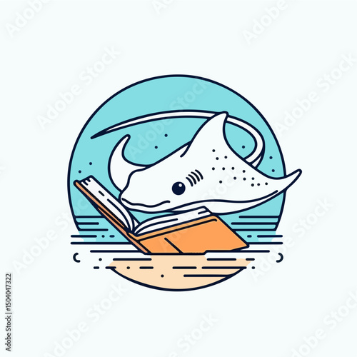 Manta Ray Reader: A cute cartoon manta ray, captivated by literature, floats above a book, blending aquatic charm with a touch of literary whimsy