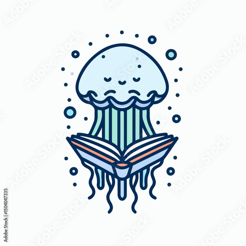 Jellyfish Reading Book: An adorable cartoon jellyfish, engrossed in a book, floats with a tranquil expression, highlighting a moment of quiet learning in a serene aquatic setting.