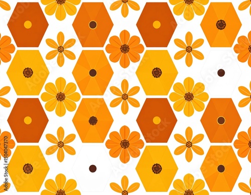 Abstract Floral Pattern With Hexagons And Orange Yellow Flowers