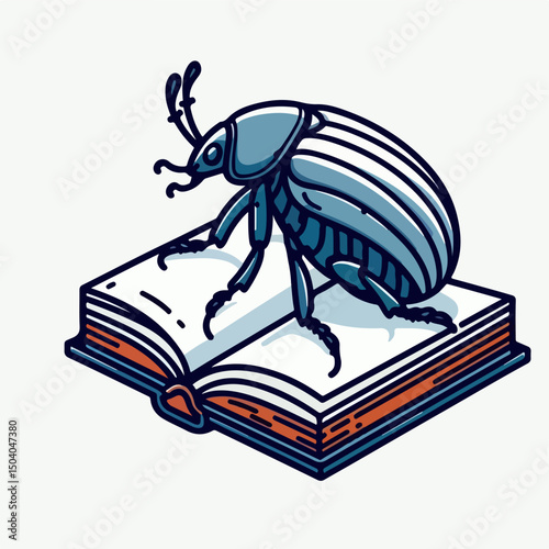 Beetle on Open Book: A vibrant illustration of a beetle perched atop an open book, merging the realms of nature and knowledge in a whimsical and educational manner.