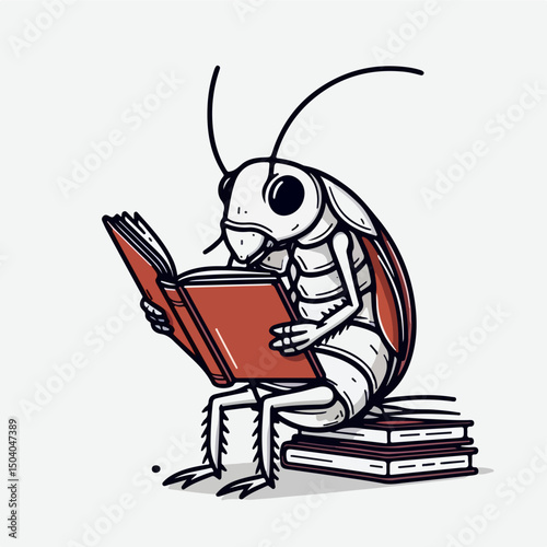 Literate Cockroach: A whimsical illustration of a cockroach engrossed in a book atop a stack of books, this image combines humor with an appreciation for knowledge and the joy of reading.