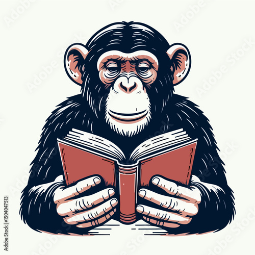 Chimpanzee Reading Book: A charming illustration of a chimpanzee engrossed in reading a book, conveying a sense of intelligence, curiosity, and the joy of learning. 