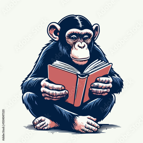 Smart Monkey Lost in a Book: A chimpanzee sits engrossed, its gaze locked on the pages of a captivating book. Its intellectual nature is clear, reading with curiosity. 