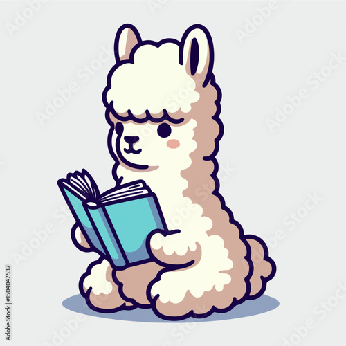 Llama Reads Book: A charming llama engrossed in reading a book, eyes sparkling with knowledge, illustration.