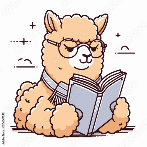 Clever Alpaca Reads Book: An adorable alpaca, sporting glasses and a scarf, is engrossed in reading a book, evoking a sense of wisdom and learning.