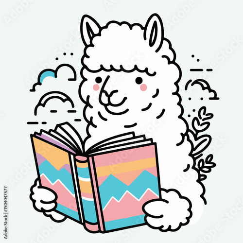 Smart Llama Reading: A charming illustration of a fluffy llama engrossed in a colorful book, surrounded by whimsical line art elements that evoke a sense of playful curiosity and intellectual pursuit.