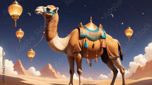 Eid al-Adha: Bakra Eid Painting with Festive Decorations, cow, lamb, cattle, camel, sheep.