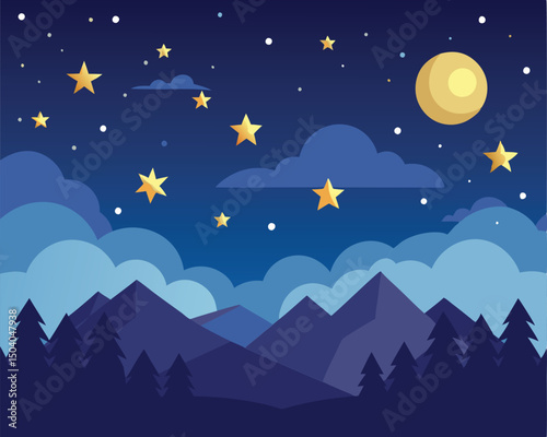 Moonlit Majesty. Serene Night Landscape with Starry Sky and Mountains