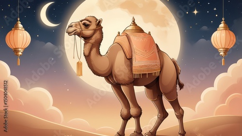 Eid al-Adha: Bakra Eid Painting with Festive Decorations, cow, lamb, cattle, camel, sheep.