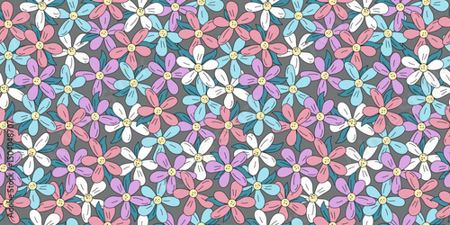 Pattern, colorful flowers. Line drawing, doodle. Simple meadow flower. Vector seamless background.