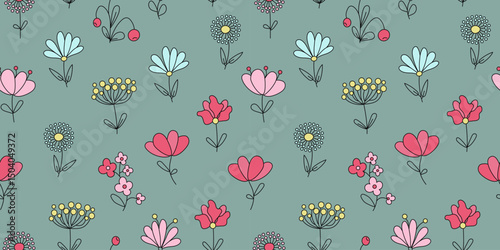 Pattern abstract brightly colored flowers, berries, leaves. Floristic set of simple drawings of plants, doodle. Repeating background.