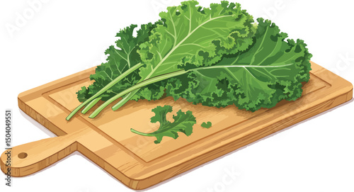 Illustration of fresh kale on a cutting board with white background