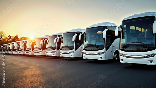 Modern buses parked in a row at sunset. Large tour bus rides along parked minibuses.