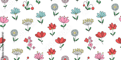 Seamless pattern with abstract brightly colored flowers, berries, leaves. Floristic set of simple drawings of plants, doodle. Repeating background.