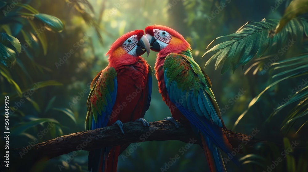 Obraz premium Colorful macaw parrot couple sitting close together on a tree branch in tropical jungle setting with vibrant feathers and lush green background, symbolizing exotic wildlife and bird companionship in n