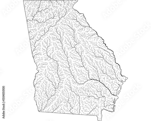 Georgia River Map - Detailed Hydrographic Network & Waterways | Minimalist Vector Art, Black on Transparent with State Outline | GIS & Cartography Stock Image